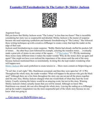 examples of foreshadowing in the lottery|The Lottery: Foreshadowing .